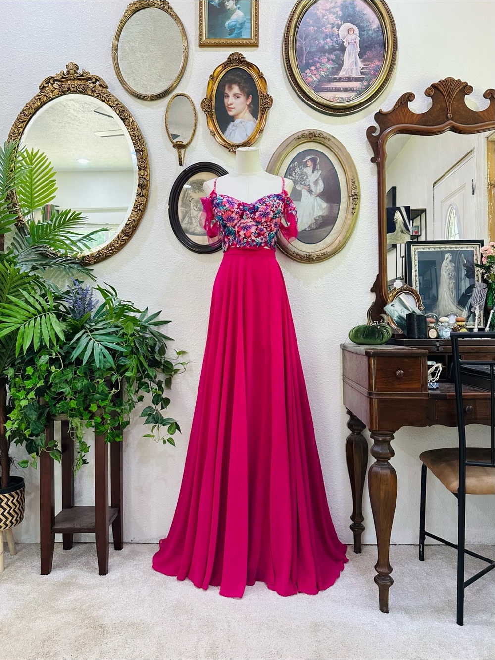 ellie wilde Hot Pink Floral Off-the-Shoulder Maxi Gown